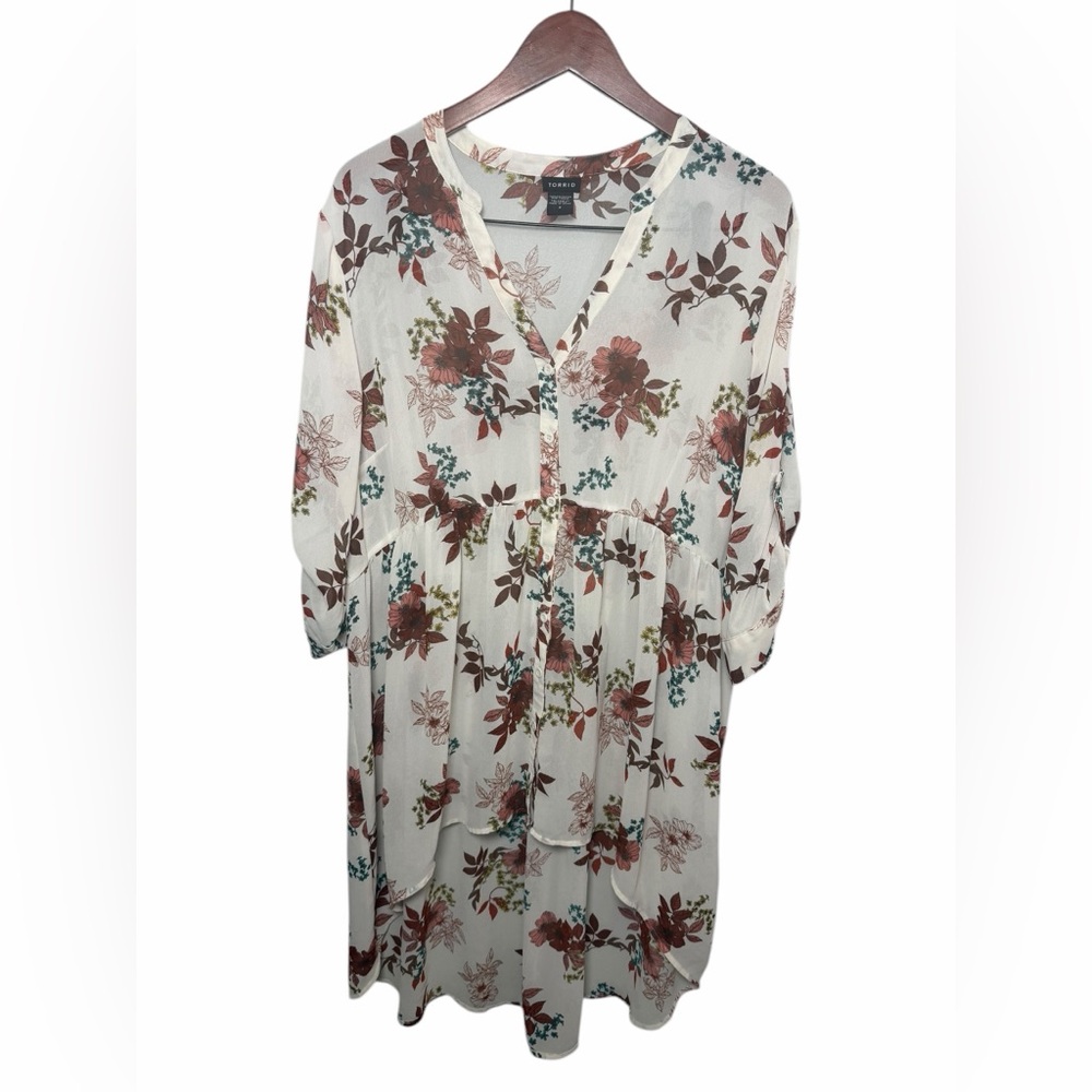 Torrid 2  Cream Floral Button-Front Hi-Low Tunic Dress Rust & Teal 2X